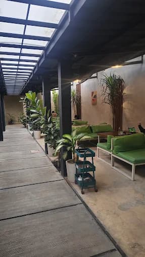 Oksigen Mini branch cozy interior seating with forest green walls